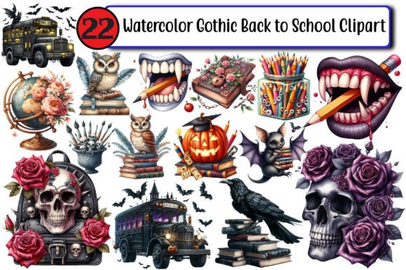 Watercolor Gothic Back to School Clipart: A Versatile Digital Resource for Creative Projects